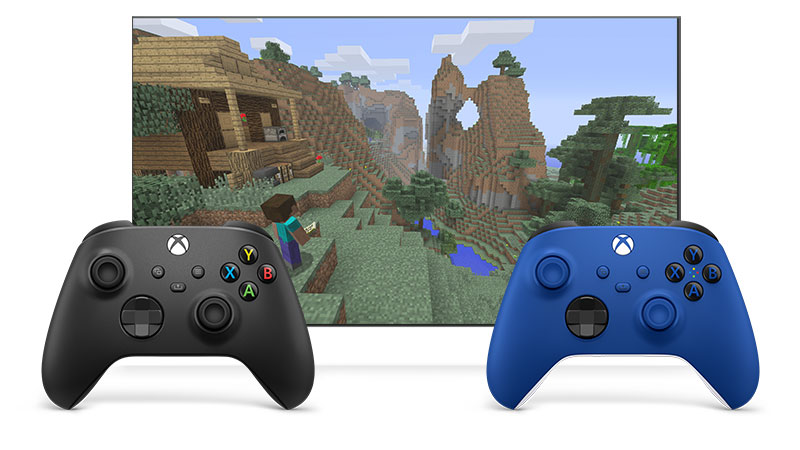 Två handkontroller som är sammanlänkade tillsammans med co-pilot för att spela Minecraft