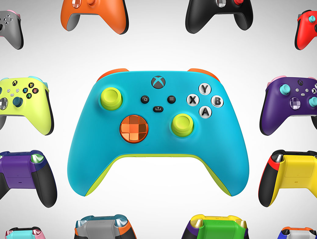 Ένα μωσαϊκό ασύρματων χειριστηρίων Xbox με διαφορετική εξατομίκευση από το Xbox Design Lab.