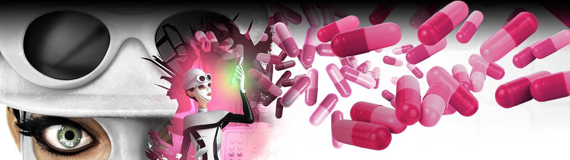 Collage en arrière-plan de Sally Boyle en tenue de Mod et des pilules de joie. 