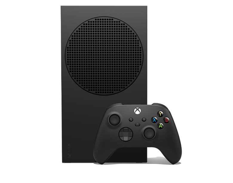 Left angle of the Xbox Series S – 1TB (Black) with an Xbox Wireless Controller – Carbon Black
