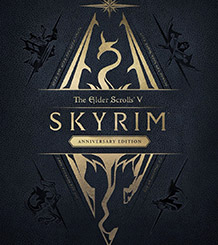 The Elders Scrolls V Skyrim Anniversary Edition logo on black canvas