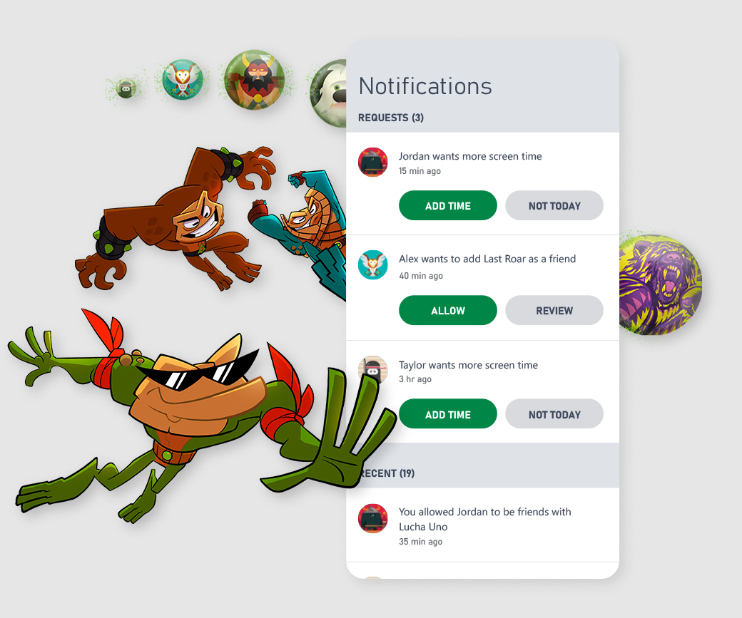Capture d’écran de l’interface utilisateur de l’application Xbox Family Settings pour les notifications de demandes.