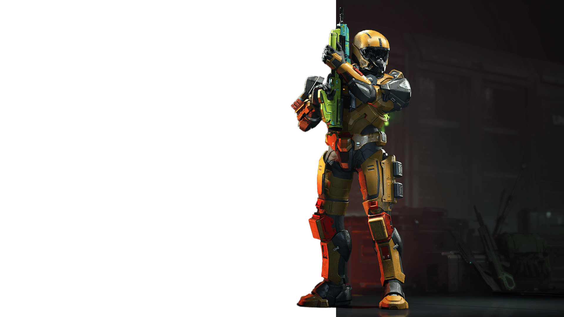 Standing in a hangar, a Spartan cocks their rifle.