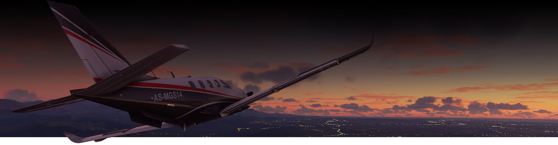 Avião do Microsoft Flight Simulator sobrevoando uma cidade no por do sol