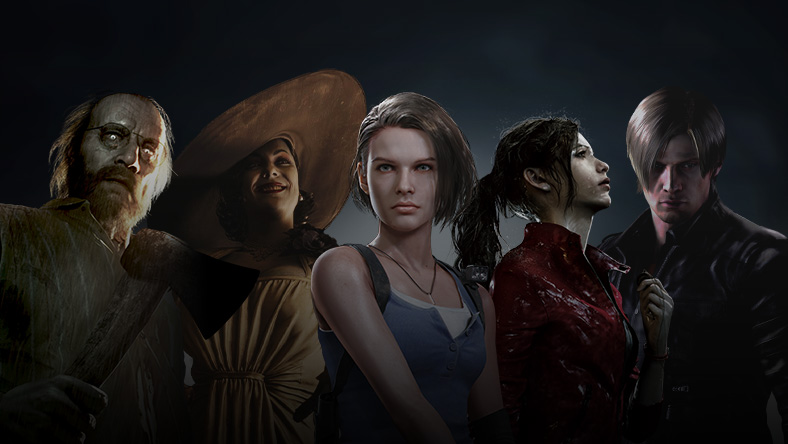 Character art from games that are part of the Resident Evil Sale, including Lady Dimitrescu, Jill Valentine, and Claire Redfield.