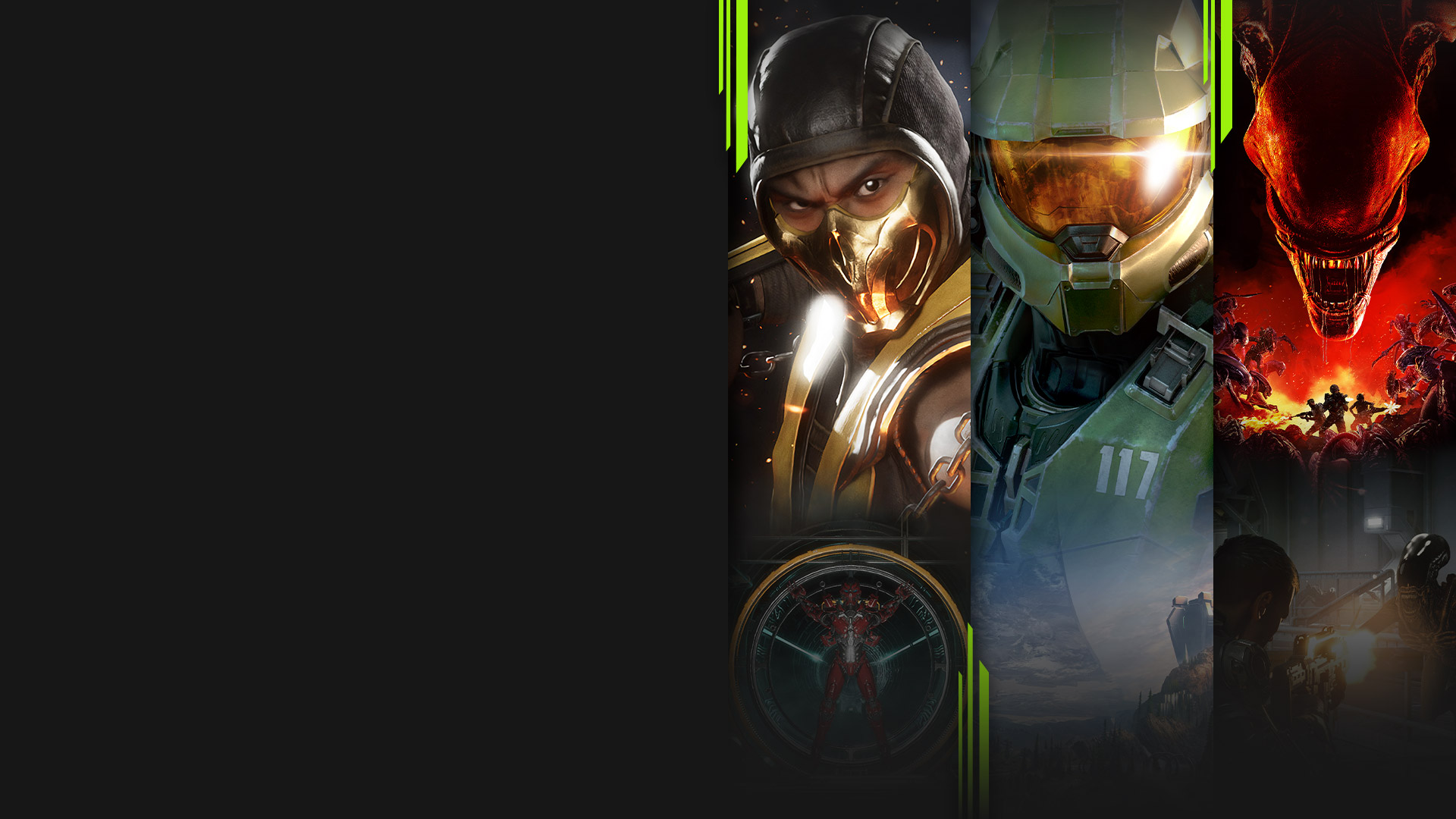 Game-Art aus mehreren Spielen, die jetzt mit Xbox Game Pass erhältlich sind, darunter Mortal Kombat 11, Halo Infinite, Aliens: Fireteam Elite und Warhammer 40.000: Battlesector.