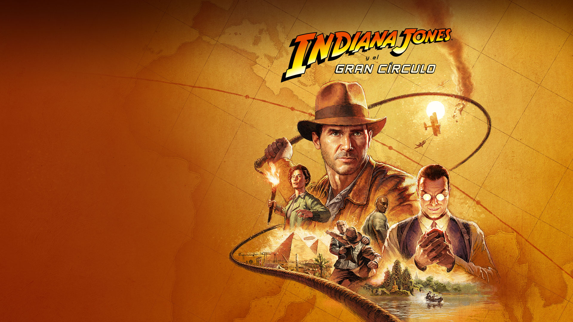Indiana Jones y el Gran Círculo, un collage de Dr. Jones, sus amigos y sus enemigos superpuestos en un mapa del mundo de tono sepia.