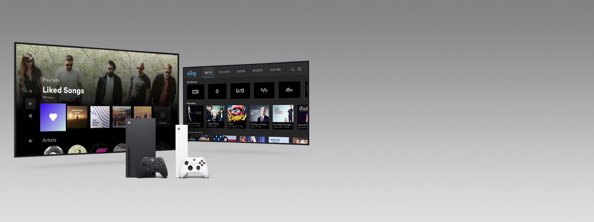 An Xbox Series X and Series S with controllers in front of two television screens featuring app user interfaces.