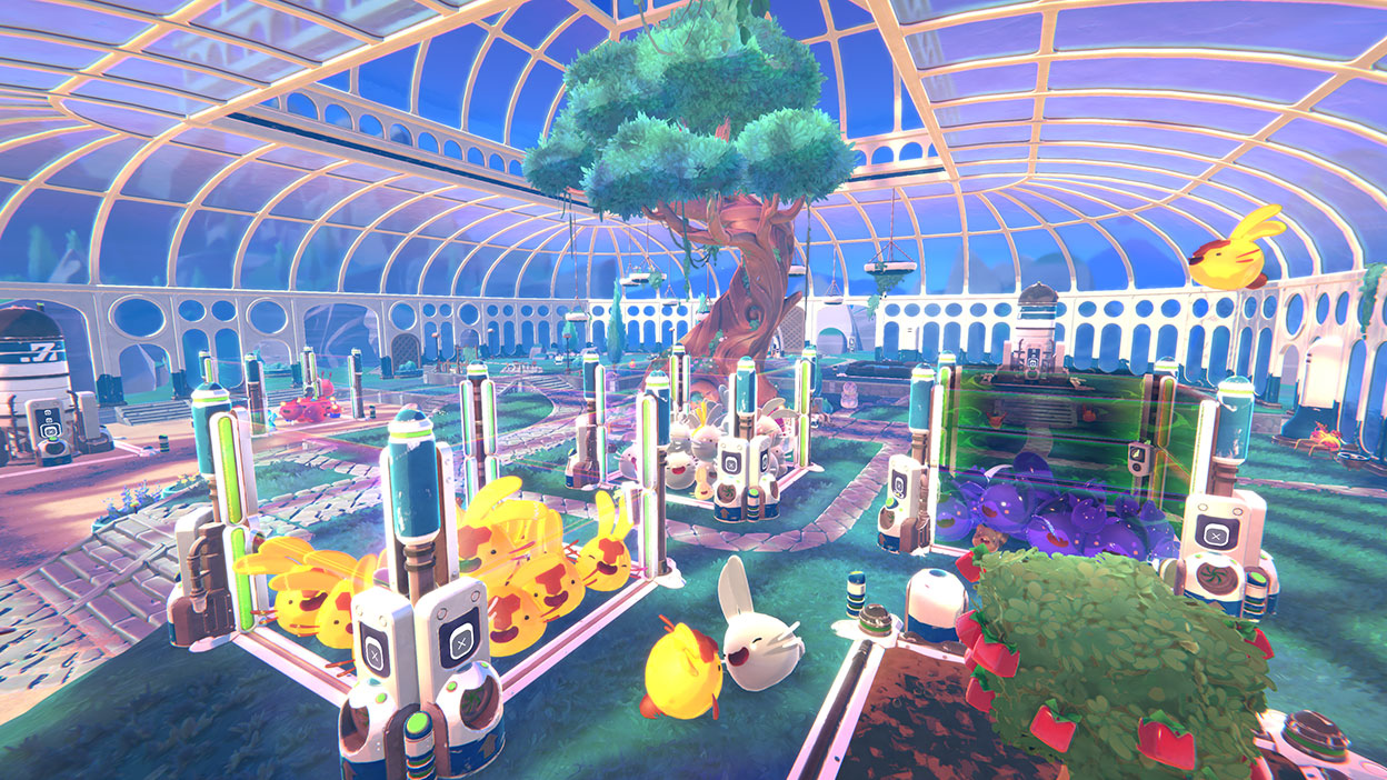 A verdant conservatory centred around a massive tree containing several futuristic pens containing happy slimes.
