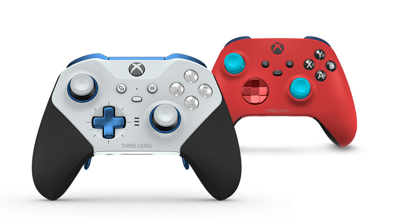 Two Xbox Elite Series controller Series 2 devices created with Xbox Design Lab, with colours inspired by the FFF  (black, blue, and white). Text on the controllers read, 