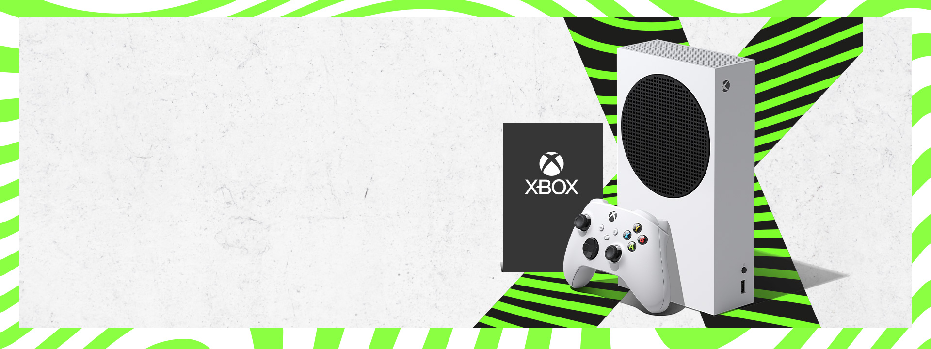 Biela konzola Xbox Series S a ovládač vedľa loga Xbox na zelenom a čiernom písmene X.