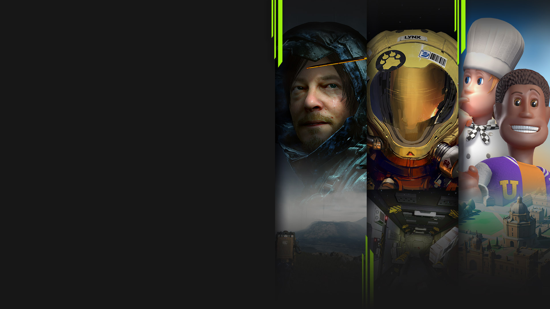 Game art from multiple games available with PC Game Pass including Death Stranding, Hardspace: Shipbreaker, Two Point Campus, and Turbo Golf Racing.
