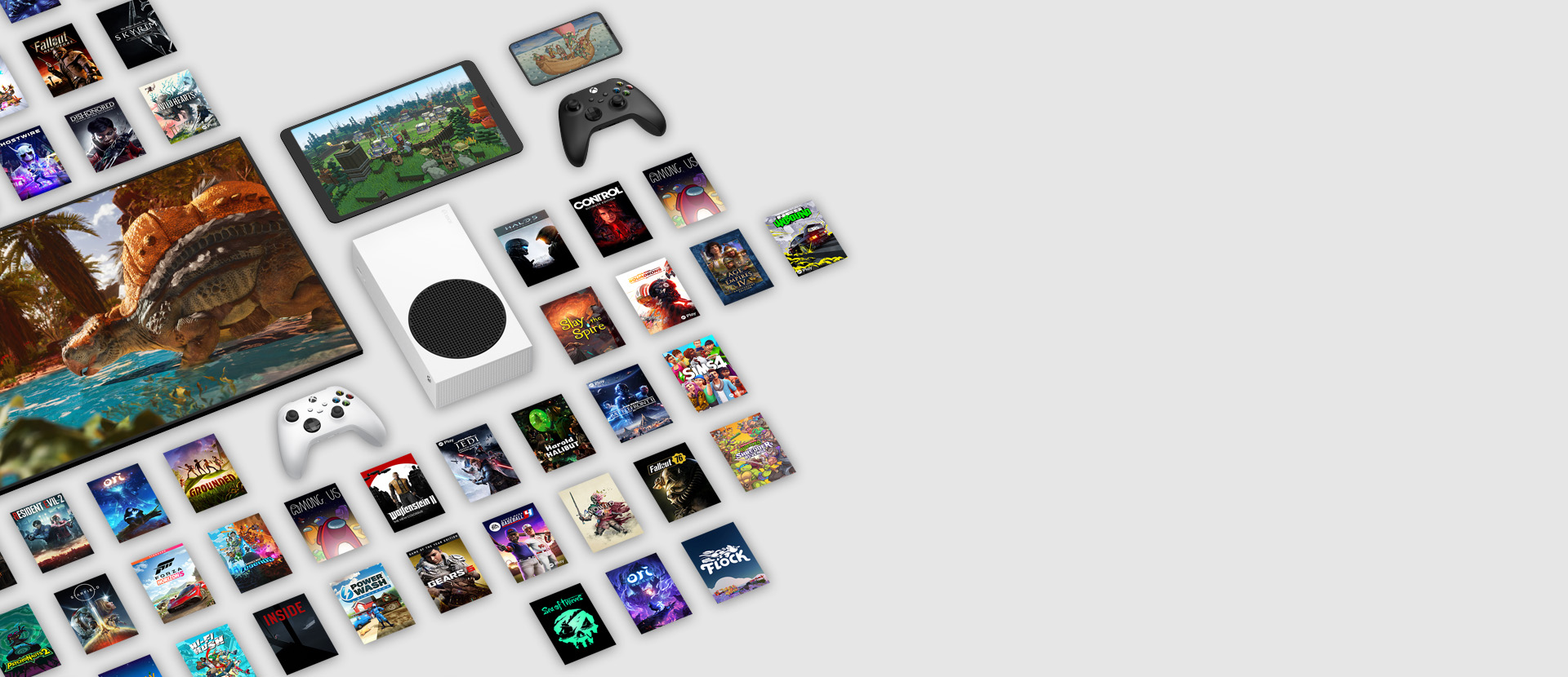 Imágenes de varios juegos disponibles ahora con Xbox Game Pass Ultimate rodean varios dispositivos, incluidos una consola, un celular, una tableta, un televisor inteligente y controles.