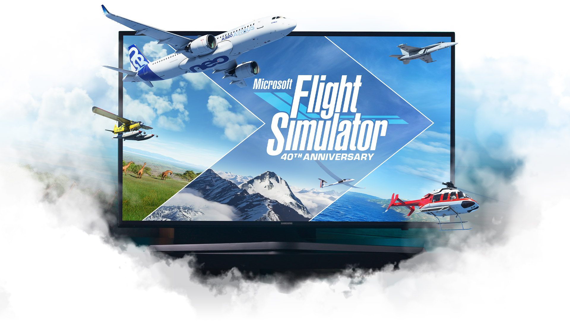 Aviões do Microsoft Flight Simulator a saírem de uma TV rodeada de nuvens