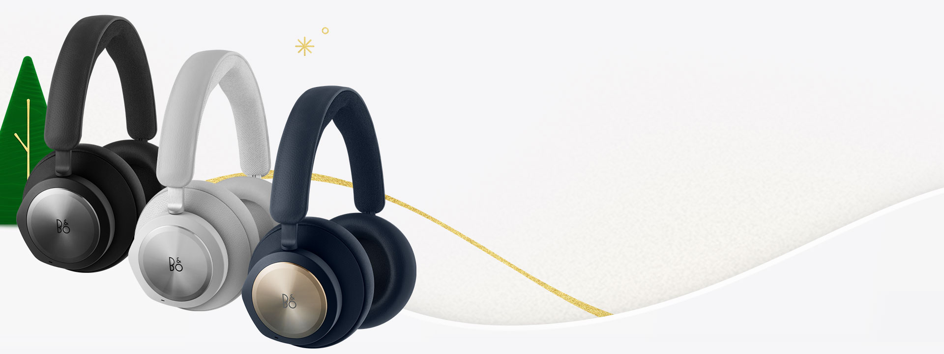 Three Bang & Olufsen Beoplay Portal headsets against a holiday background. 