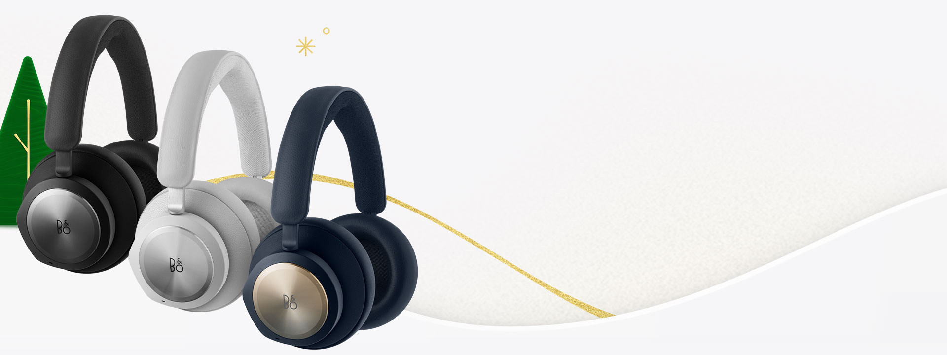 Three Bang & Olufsen Beoplay Portal headsets against a holiday background.