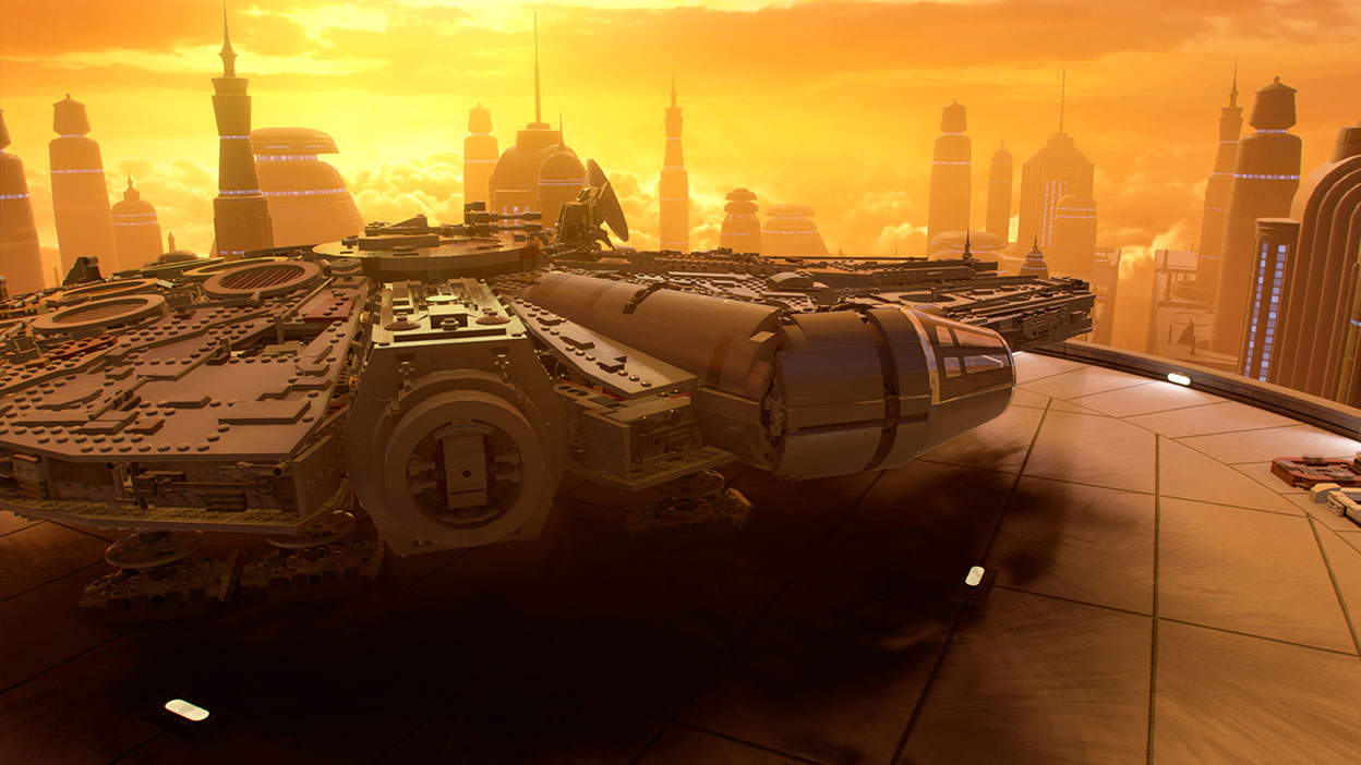 Le Faucon Millenium se trouve dans une baie dʼamarrage, dans la ville des nuages de Bespin.