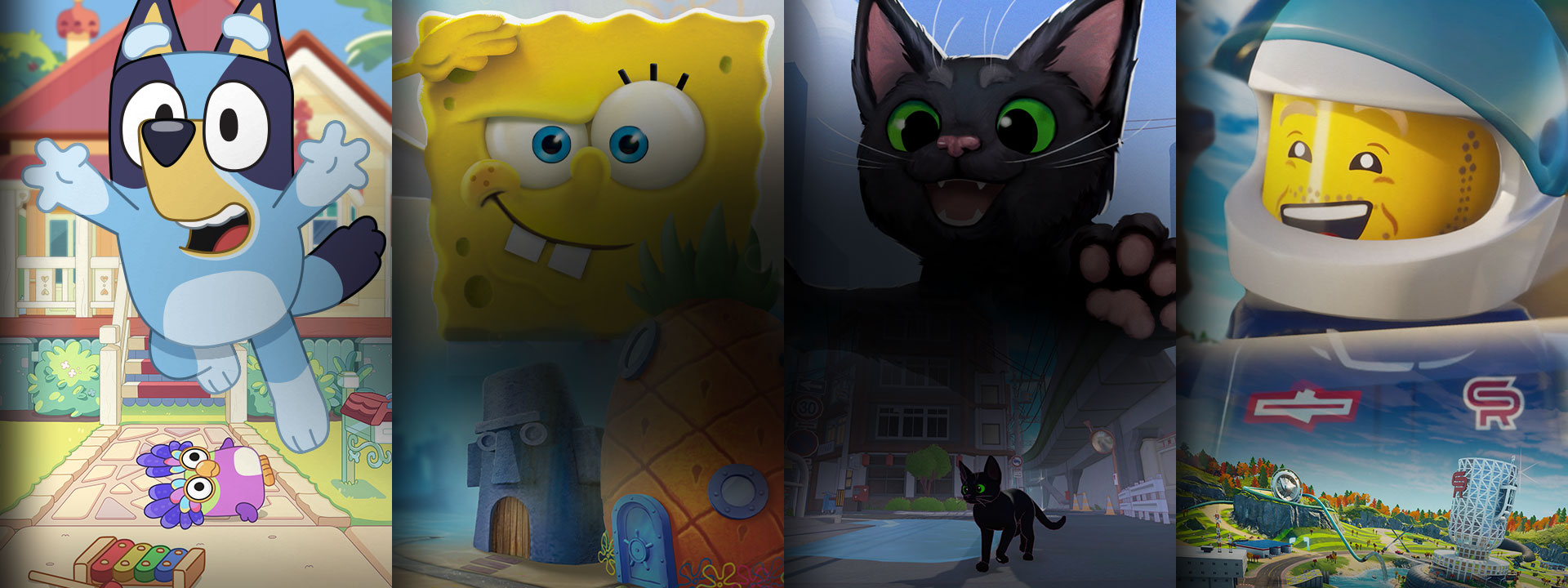 Uma seleção de jogos disponíveis com o Game Pass, incluindo Bluey, SpongeBob SquarePants: Battle for Bikini Bottom – Rehydrated, Little Kitty Big City e LEGO 2K Drive.