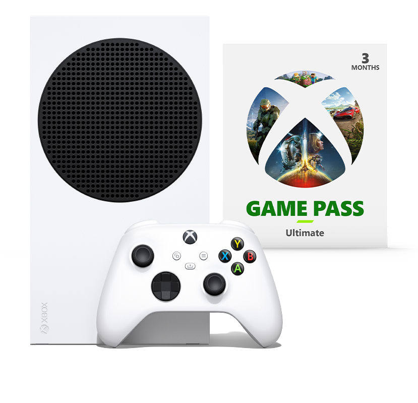 Xbox Series S con mando de color robot blanco y una tarjeta que dice Game Pass Ultimate