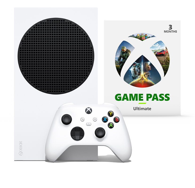 Xbox Series S with Robot White controller and a card that says Game Pass Ultimate