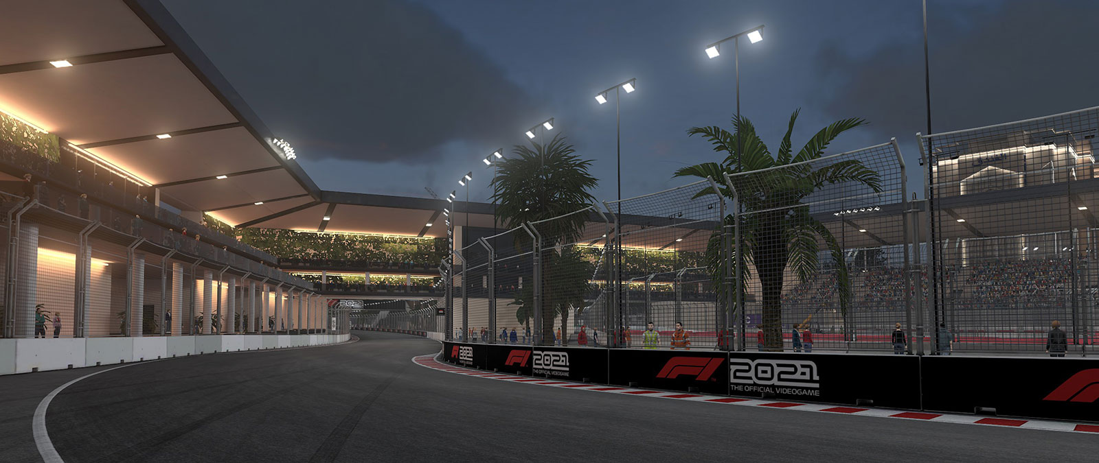 Logo após o pôr-do-sol, uma pista de F1 está iluminada por postes de luz enquanto os fãs assistem das arquibancadas.