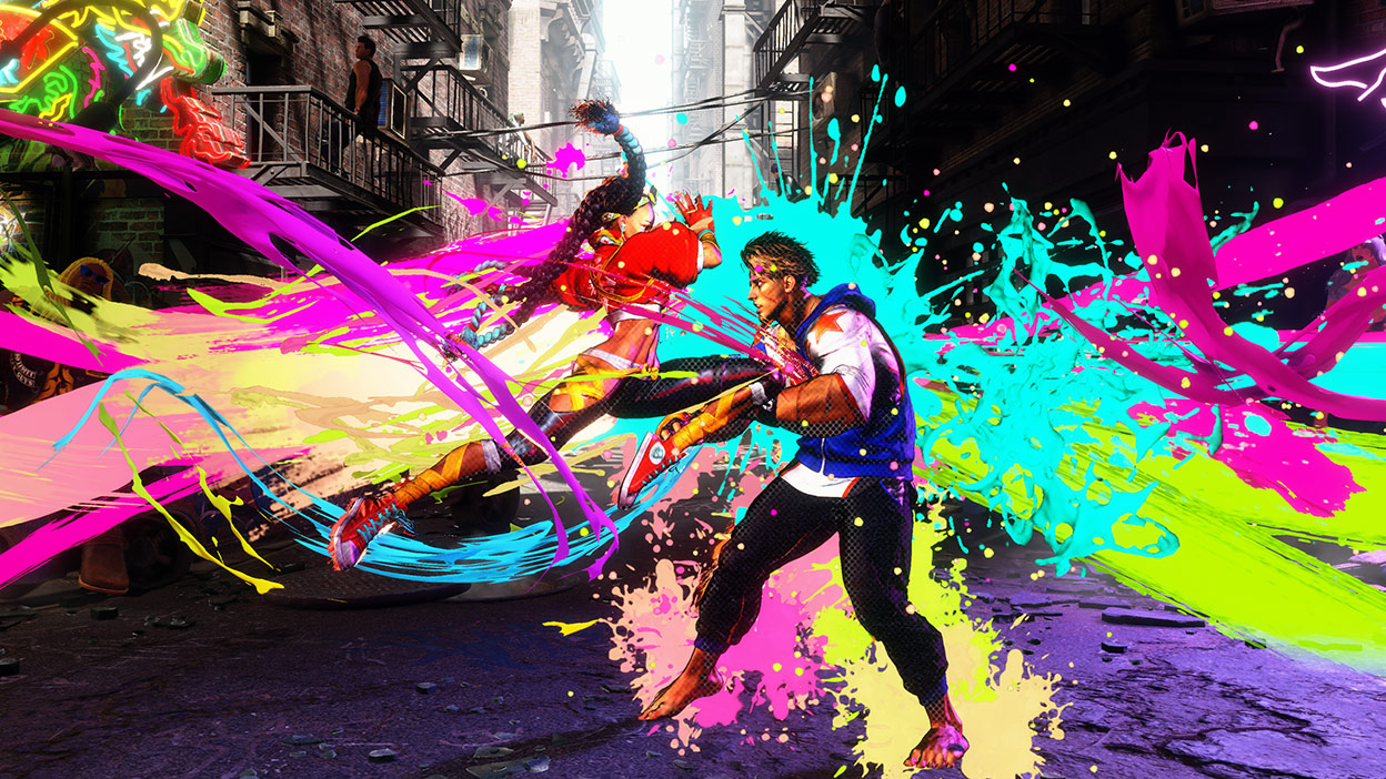 Dva bojovníci se střetávají v explozi neonové barvy.