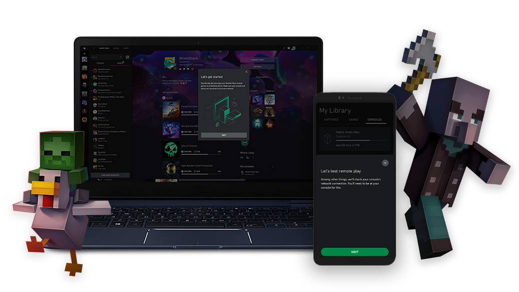 Un PC Windows e un dispositivo mobile sui quali è visualizzata la schermata di configurazione di Gioco remoto tramite l'app Xbox. Alcuni personaggi di Minecraft ai lati dei dispositivi.