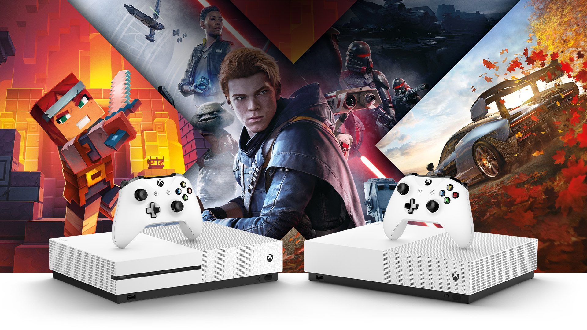 Front view of Xbox One S and Xbox One S All Digital Edition surrounded by Minecraft, Forza Horizon 4, Star Wars Jedi Fallen Order artwork