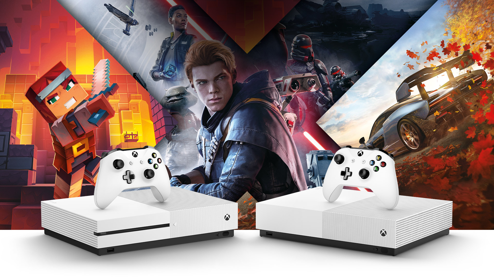 Vooraanzicht van Xbox One S en Xbox One S All Digital Edition, omgeven door Minecraft-, Forza Horizon 4-, Star Wars Jedi Fallen Order-illustraties