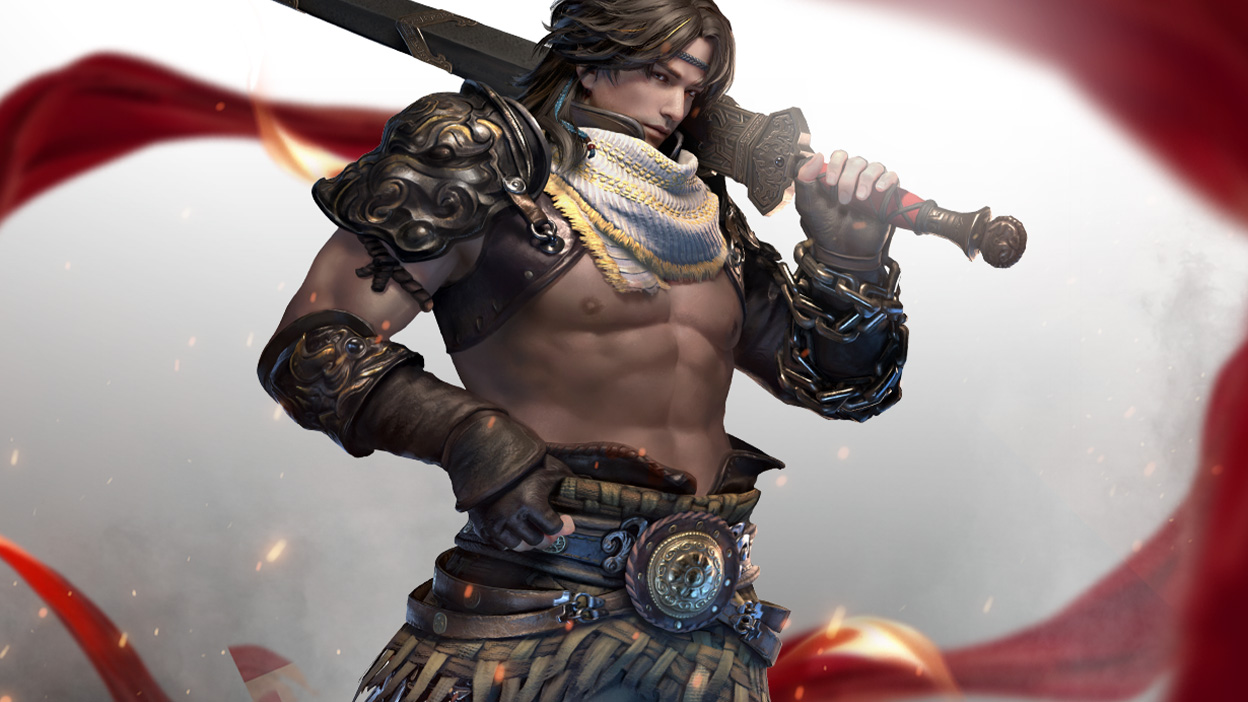 A bare-chested warrior rests his blade on his shoulders.