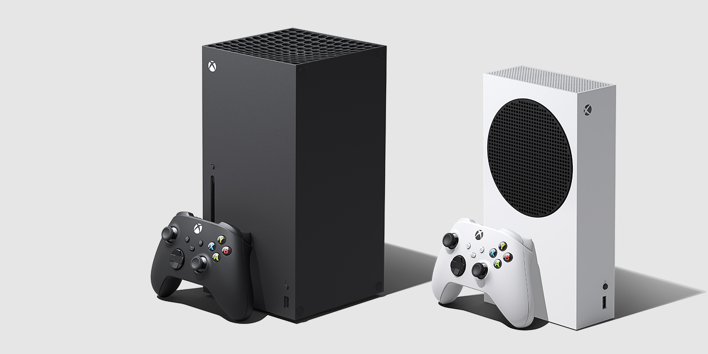 Xbox Series X og S-konsoller på grå og hvit bakgrunn