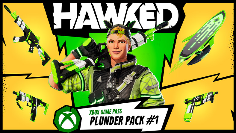 Hawked Xbox Game Pass Plunder Pack Number 1, a character with the Radioactive Outfit Set, the swift Green Wyvern Hoverboard, and the Noxious Weapon Pattern