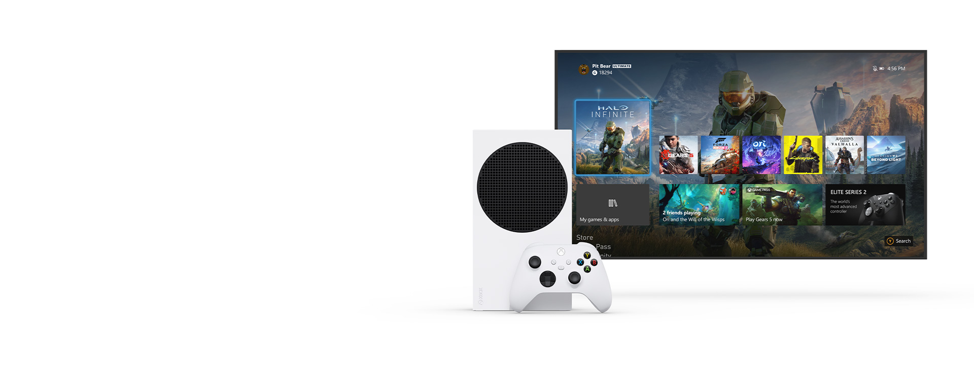 A Xbox Series S está ao lado de uma televisão que mostra o novo dashboard da Xbox.
