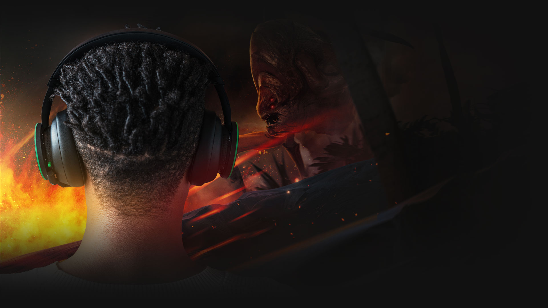 Ein Mann stellt sich dem Schwarm in Gears 5: Hivebusters, während er das Xbox Wireless Headset trägt.