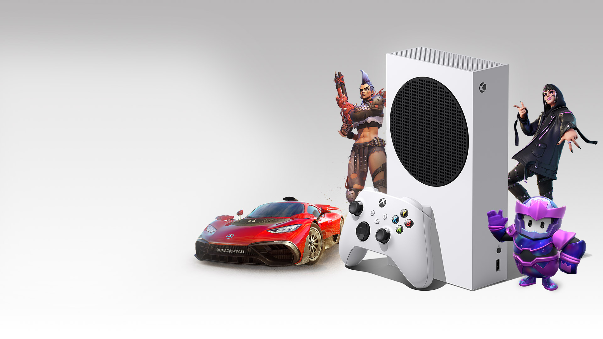 Une Xbox Series S entourée de personnages de Overwatch 2, Fortnite, Fall Guys et la Mercedes-AMG One de Forza Horizon 5.