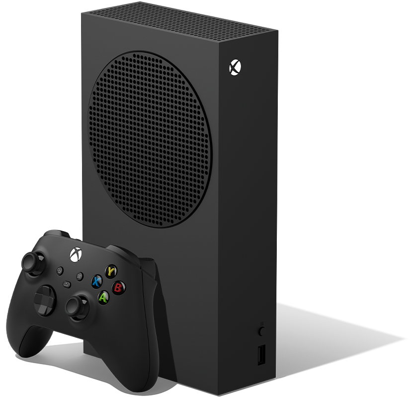 Left angle of the Xbox Series S – 1TB (Black) with an Xbox wireless controller