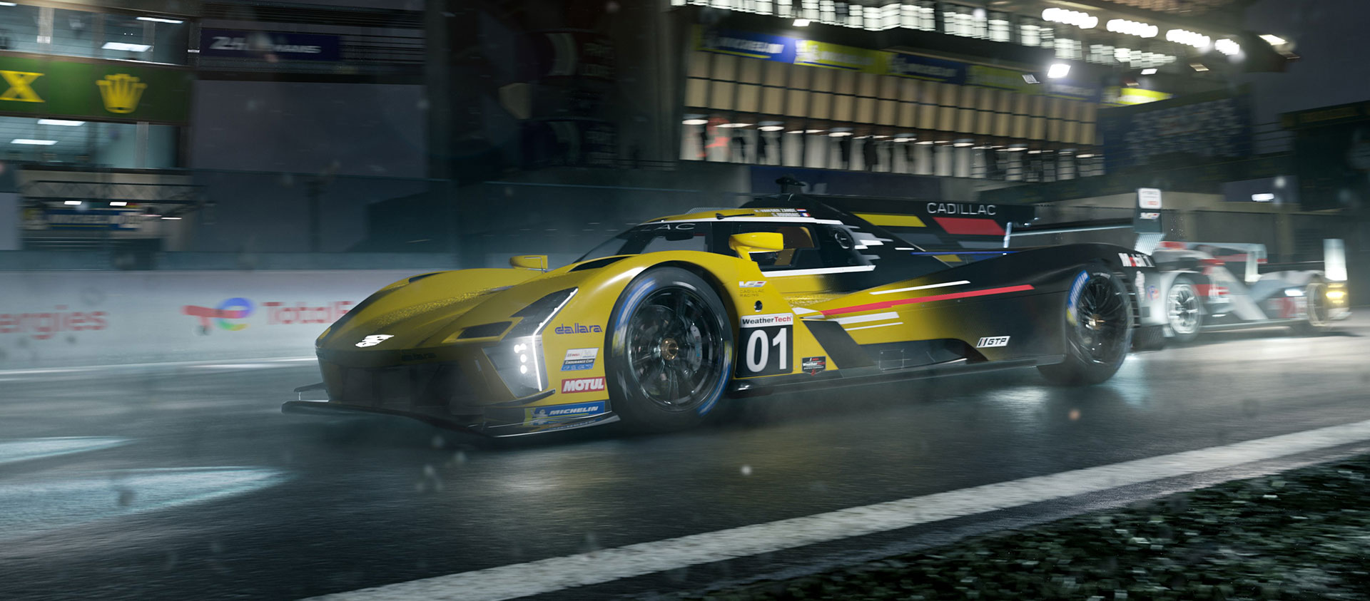 Forza Motorsport, un Cadillac V-Series.R amarillo corre por una pista en la noche