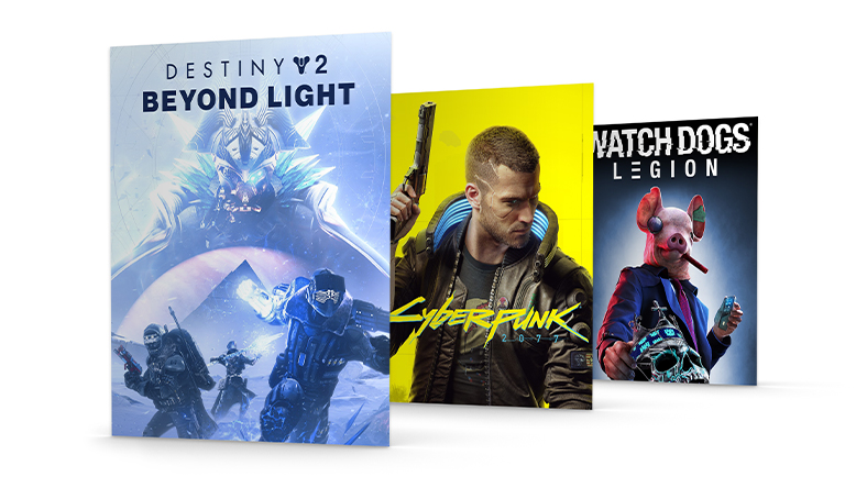 Photos des boîtes des jeux Destiny 2 : Beyond Light, Cyberpunk 2077, et Watch Dogs : Legion