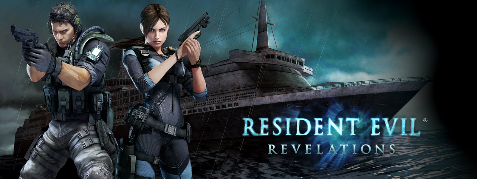 Resident Evil Revelations, 유령선처럼 보이는 선박 앞에 총을 들고 있는 두 명의 캐릭터