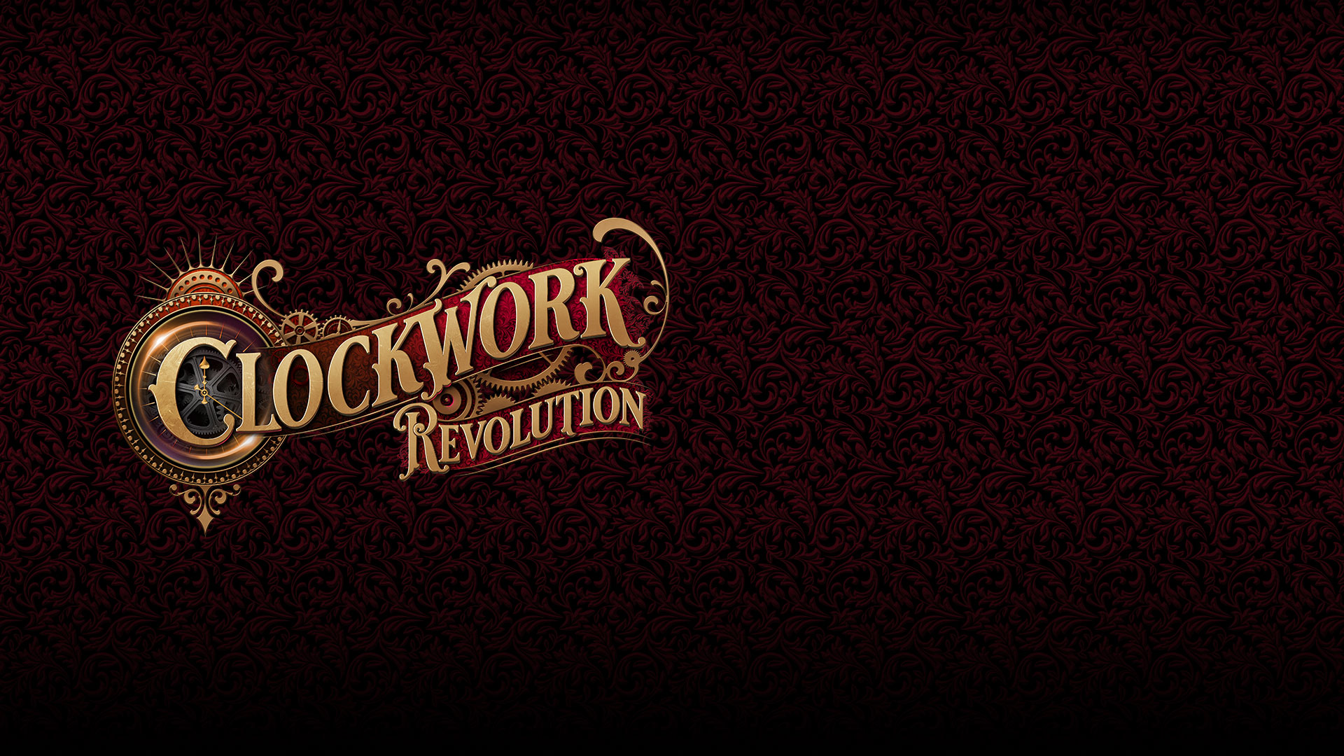 Złoto-czerwone logo Clockwork Revolution z wizerunkiem koła zębatego.