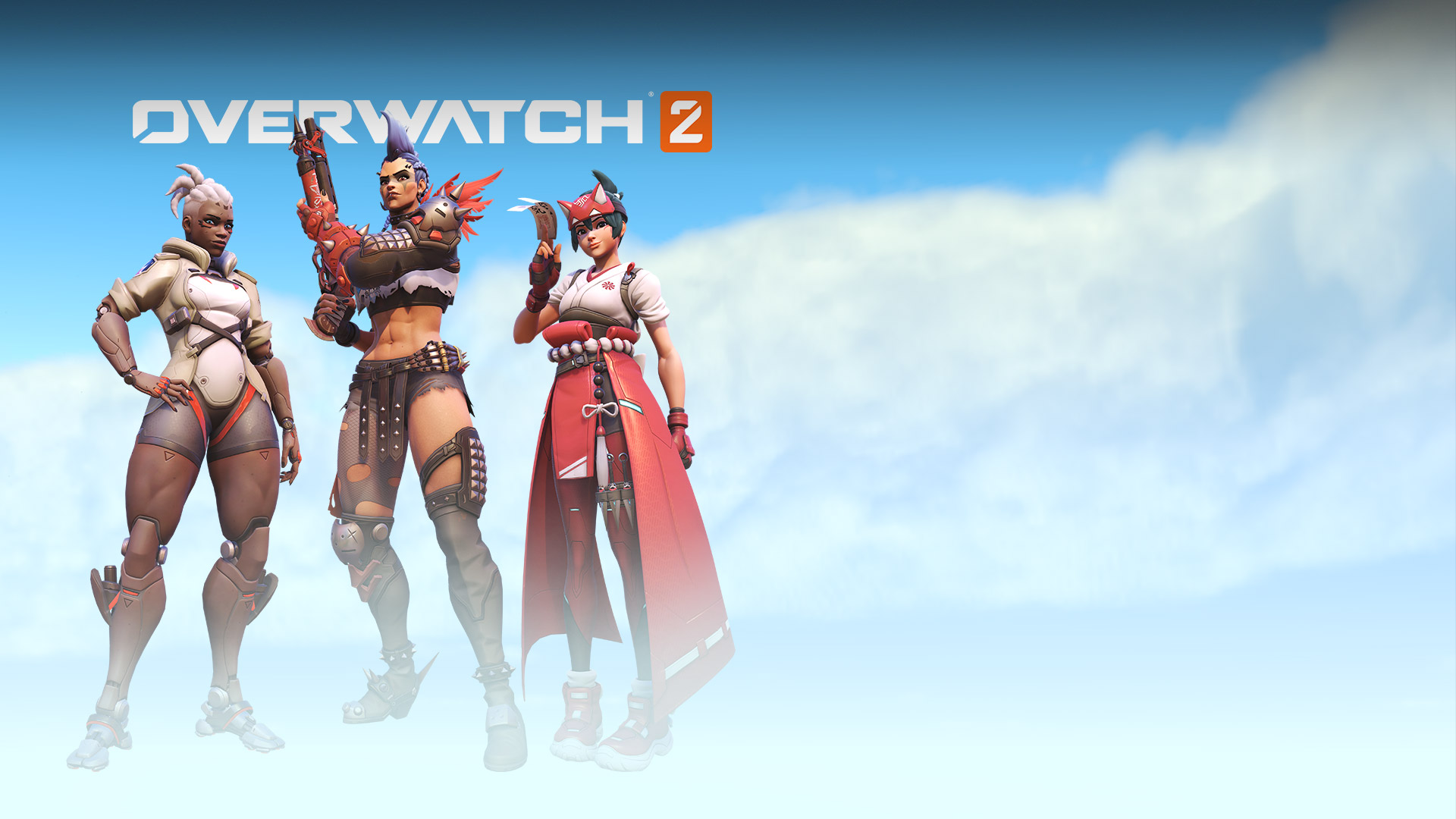 Overwatch 2, Sojourn, Junker Queen, and Kiriko pose confidently among the clouds.