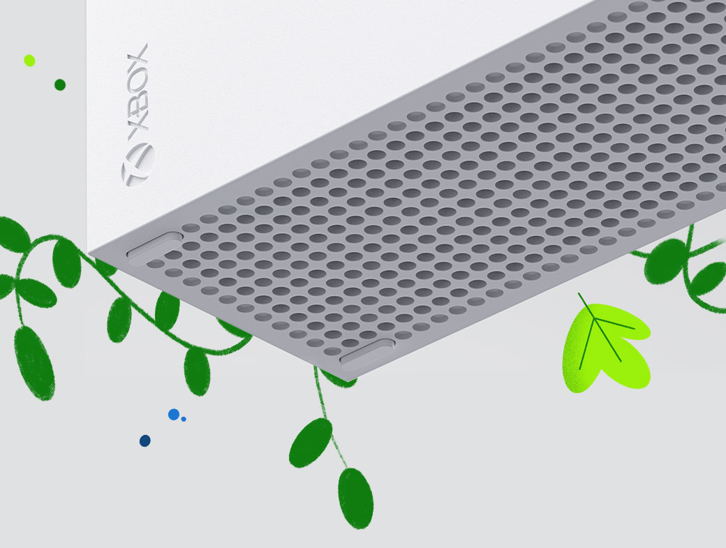 Primer plano del ángulo inferior de la consola Xbox Series S, que muestra el logotipo de Xbox, las aberturas de ventilación y los soportes.