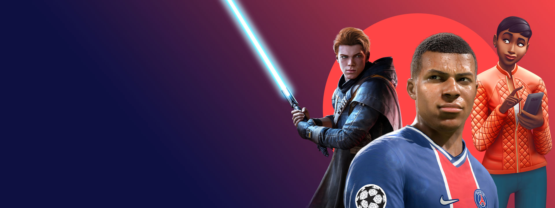Artwork from EA games included with Xbox Game Pass, including Star Wars Jedi: Fallen Order, FIFA 22, and The Sims 4.
