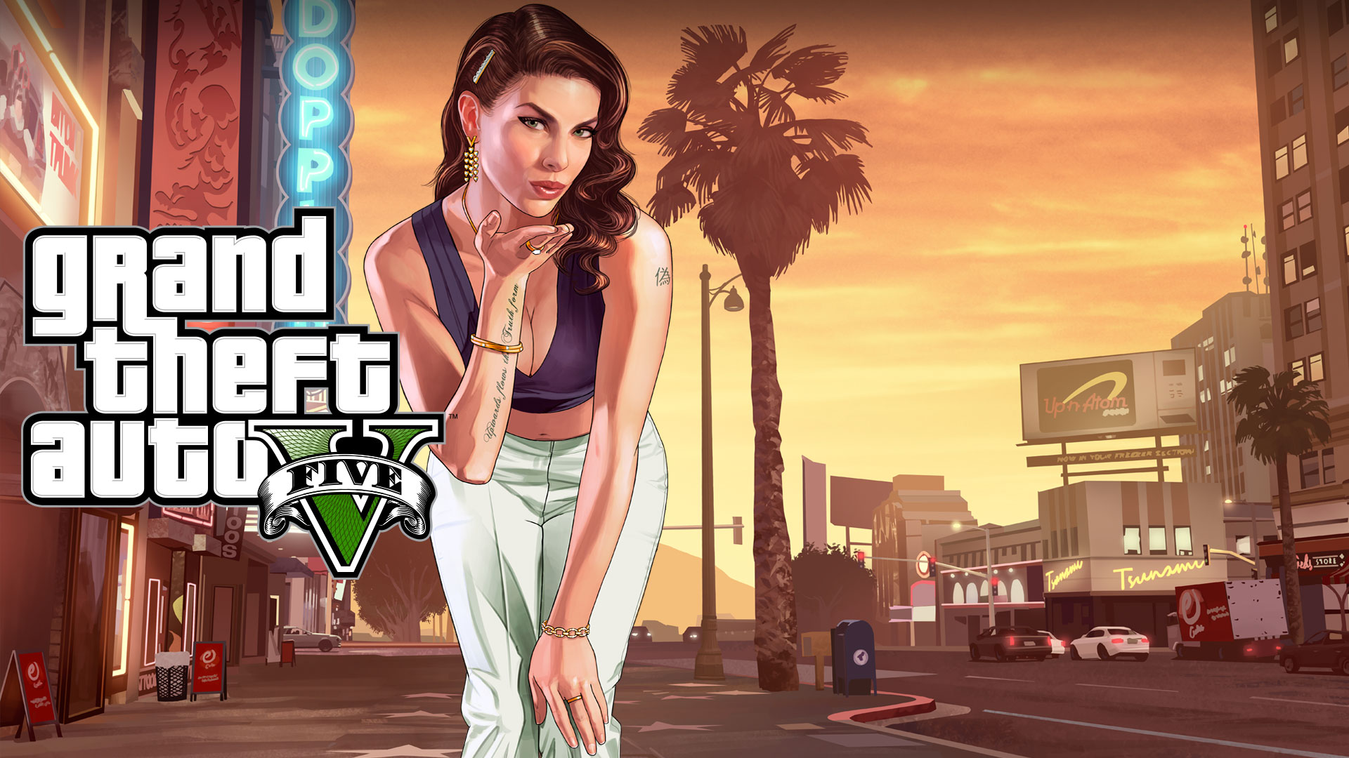Grand Theft Auto 5, Una mujer se inclina hacia delante y tira un beso con la puesta de sol de Los Santos de fondo. 