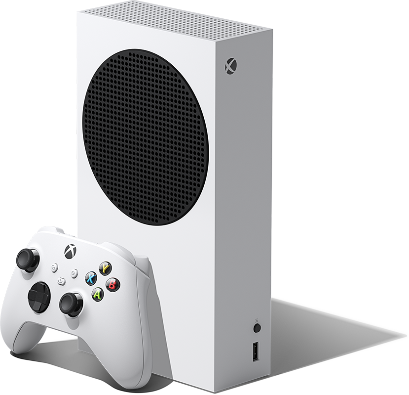 Pohľad zľava na konzolu Xbox Series S a bezdrôtový ovládač pre Xbox