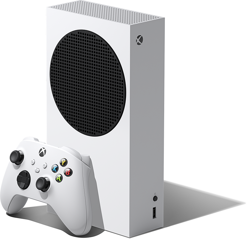 Left angle of the Xbox Series S with an Xbox wireless controller