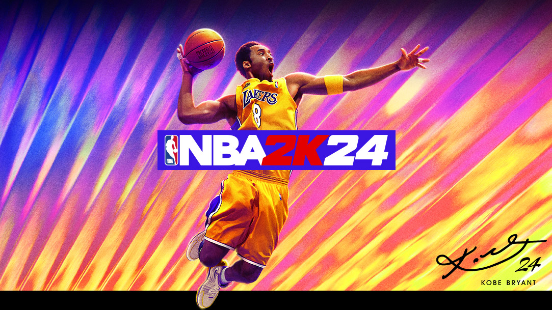 Kobe Bryant w koszulce Lakersa skaczącej z podniecenia, aby zrobić trzask z jego podpisem, który zawiera numer 24 przedstawiony w prawym dolnym rogu