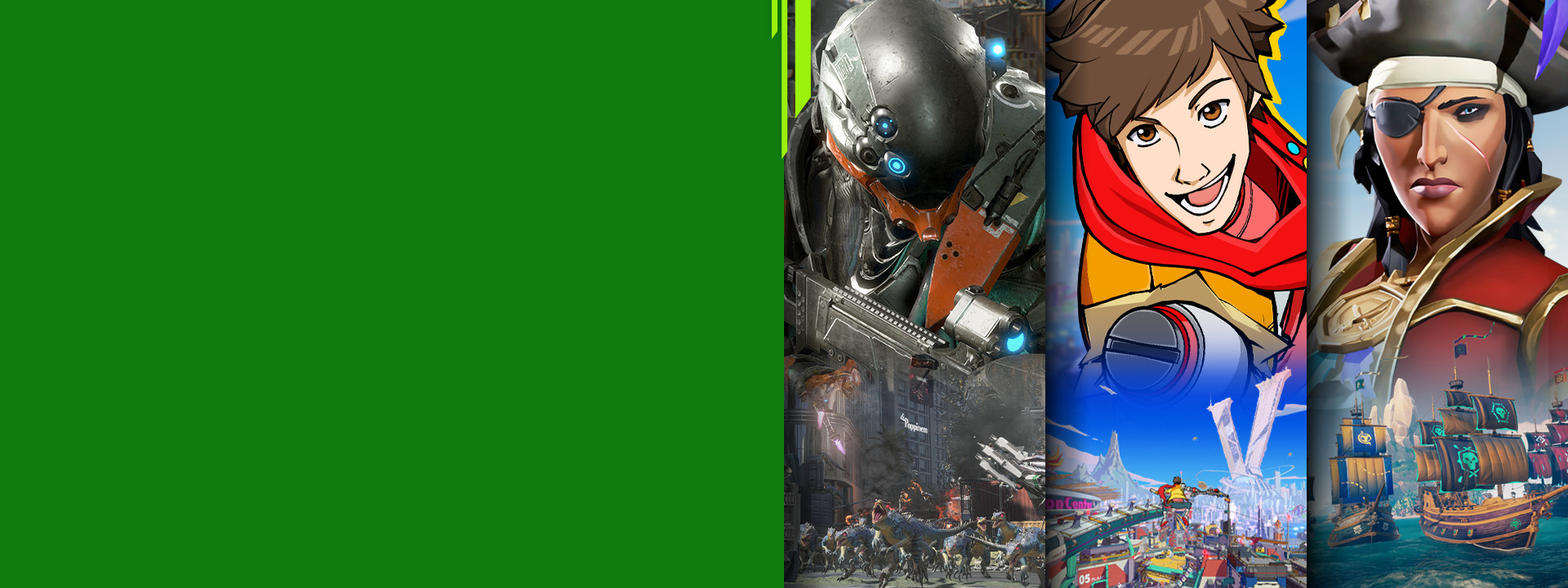 Xboxos játékok karakterei elölnézetből az Exoprimal, a Hi-Fi Rush és a Sea of Thieves játékokból.