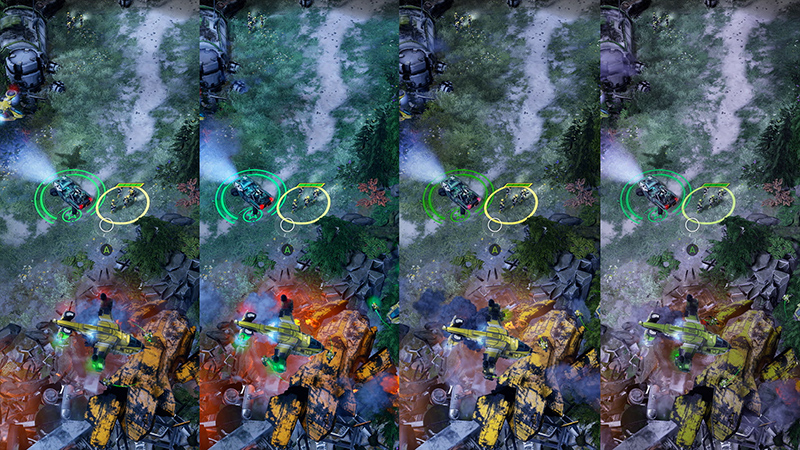 Gameplay images from Halo with different colour filters applied