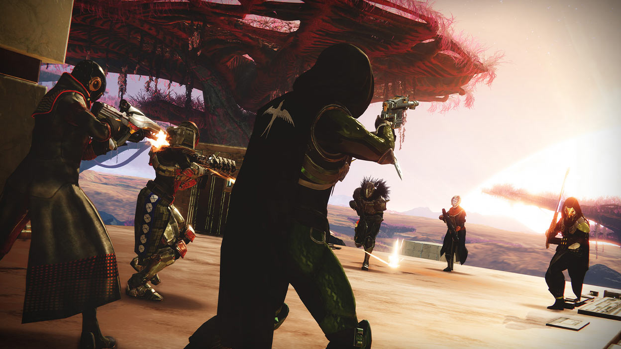 Six characters in battle at sunset